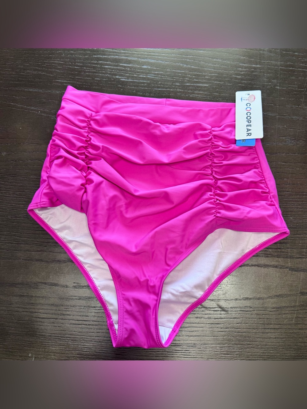 NWT COCOPEAR Hot Pink High Waisted Ruched Bikini Bottom L